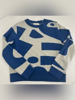 Palava Organic Cotton Abstract Geometric Intarsia Sweater Blue Cream Size M